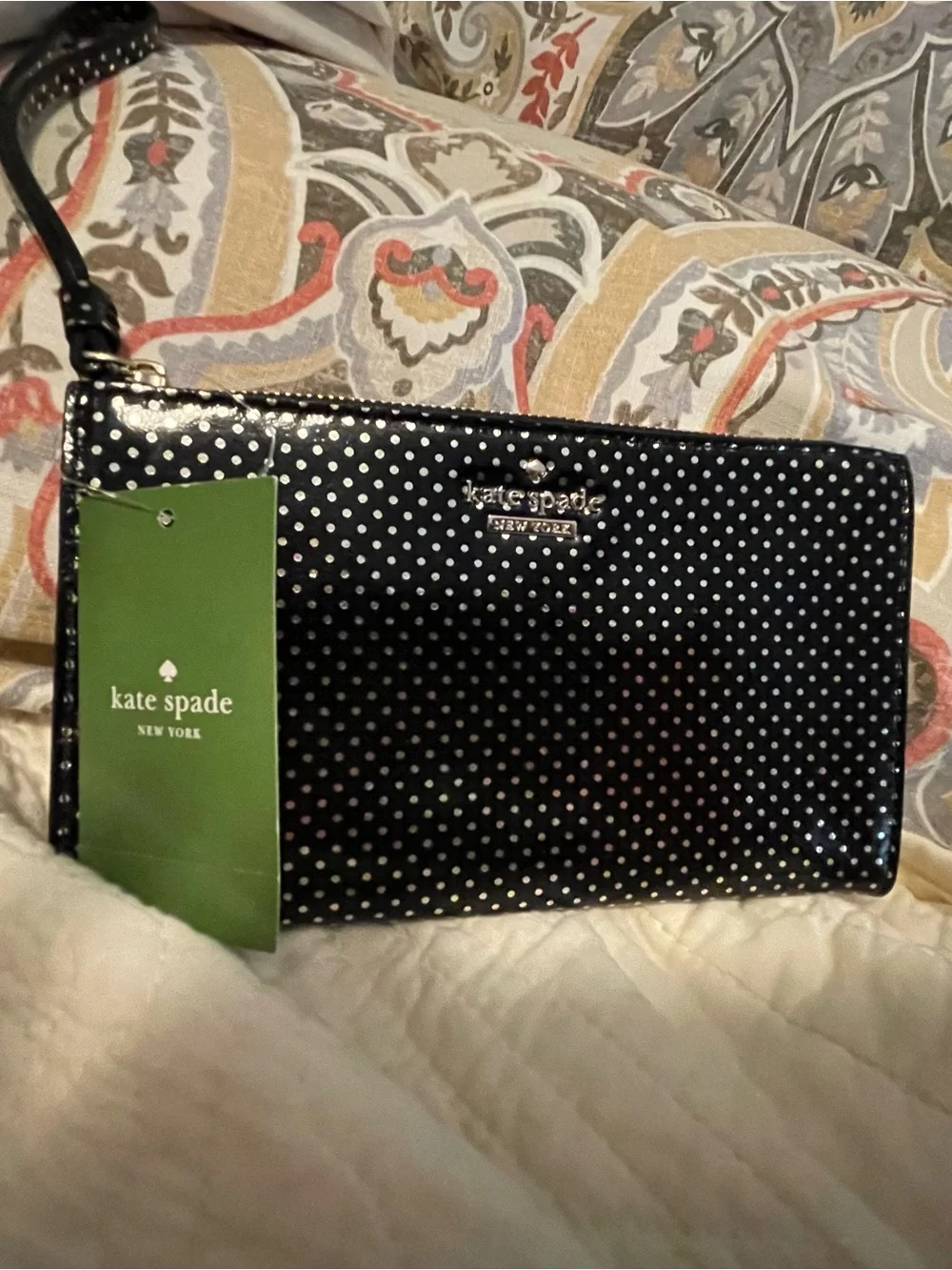 Kate Spade Leyna Lilac Street Black Polka Dot Wristlet NWT